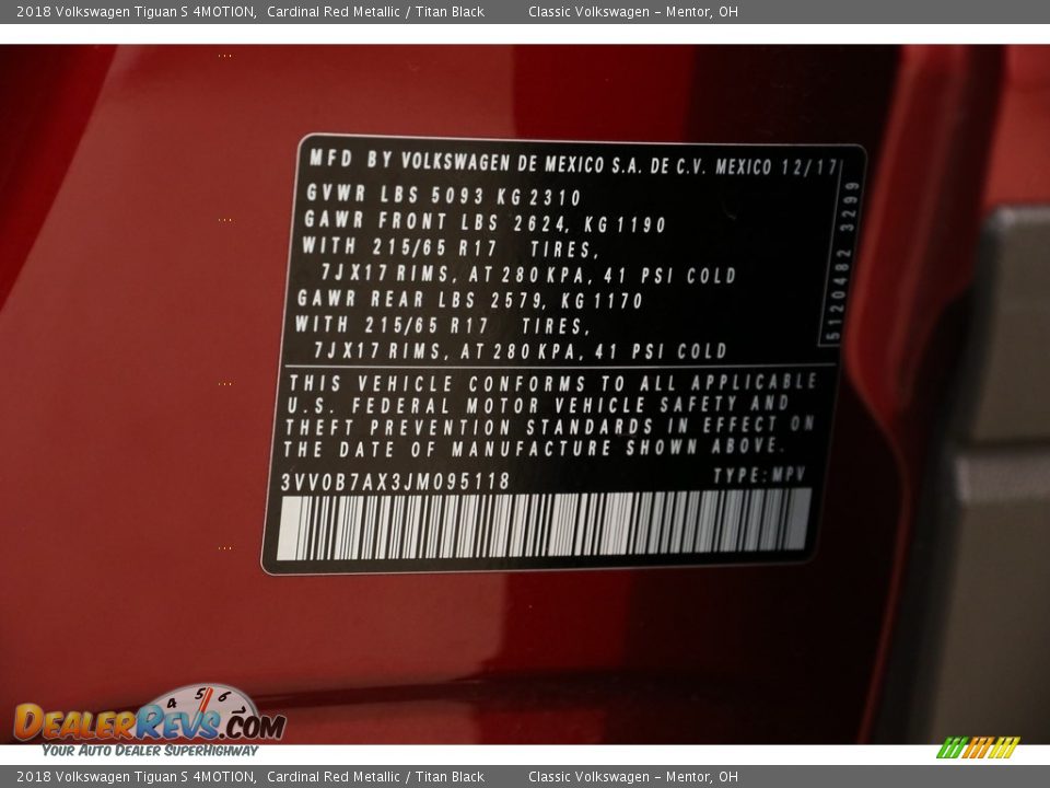 2018 Volkswagen Tiguan S 4MOTION Cardinal Red Metallic / Titan Black Photo #18