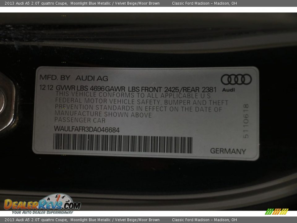 2013 Audi A5 2.0T quattro Coupe Moonlight Blue Metallic / Velvet Beige/Moor Brown Photo #19