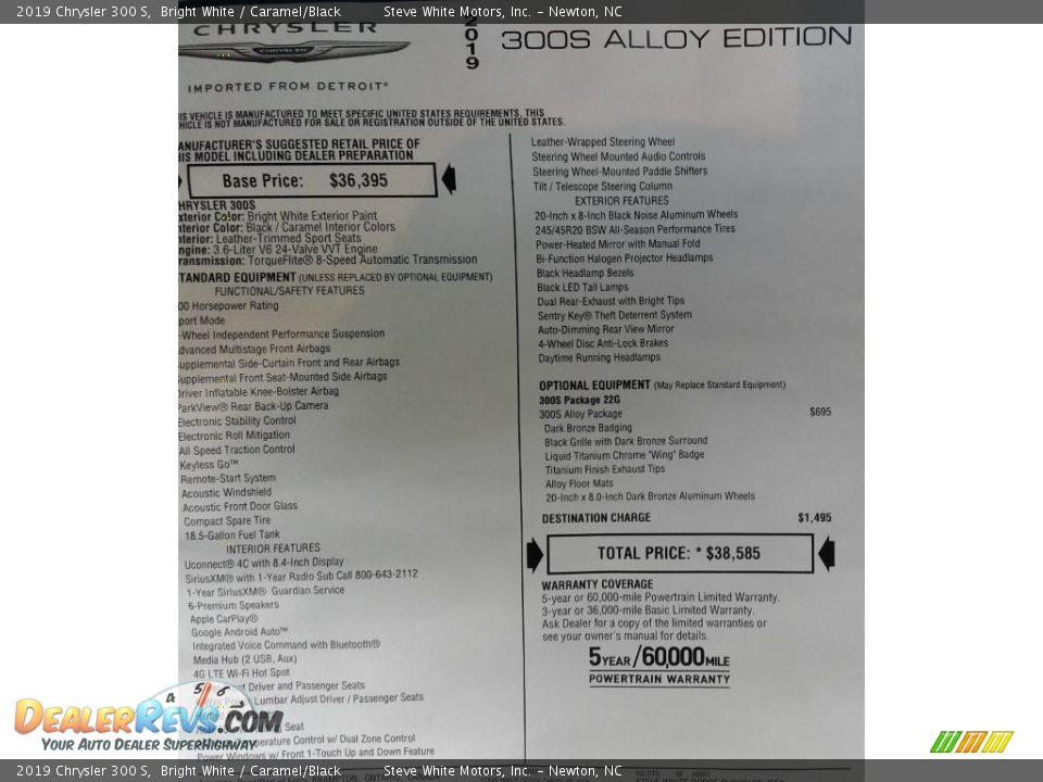 2019 Chrysler 300 S Bright White / Caramel/Black Photo #34
