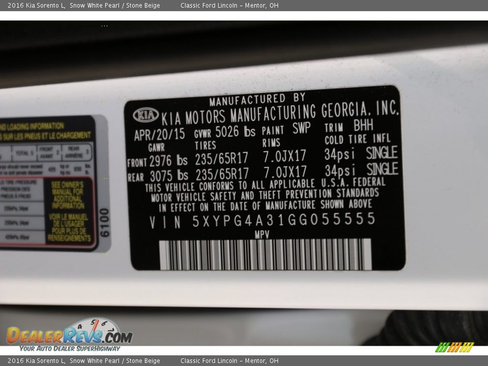 2016 Kia Sorento L Snow White Pearl / Stone Beige Photo #20