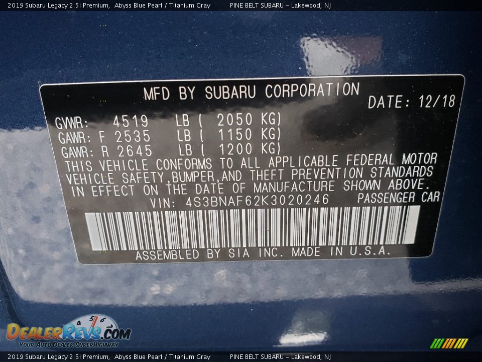 2019 Subaru Legacy 2.5i Premium Abyss Blue Pearl / Titanium Gray Photo #25