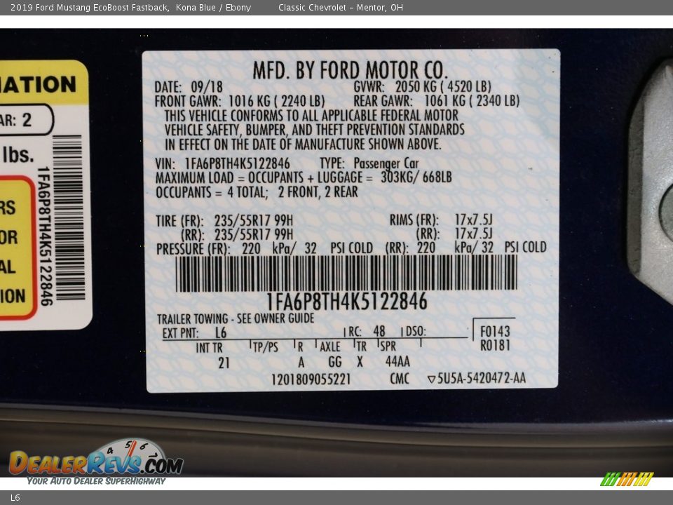 Ford Color Code L6 Kona Blue