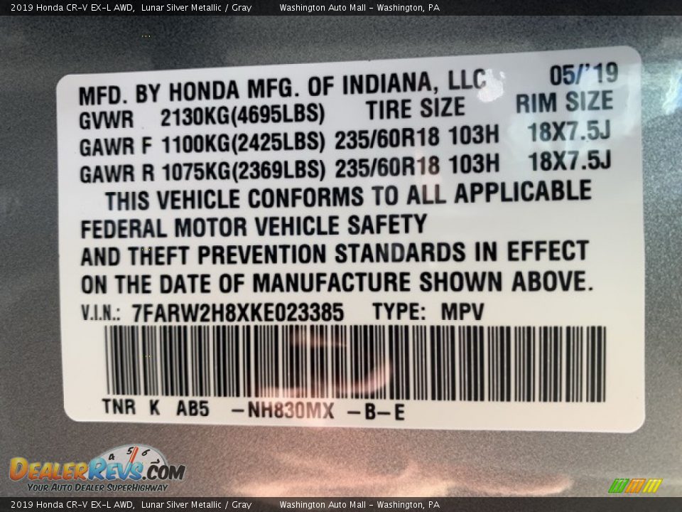 2019 Honda CR-V EX-L AWD Lunar Silver Metallic / Gray Photo #14