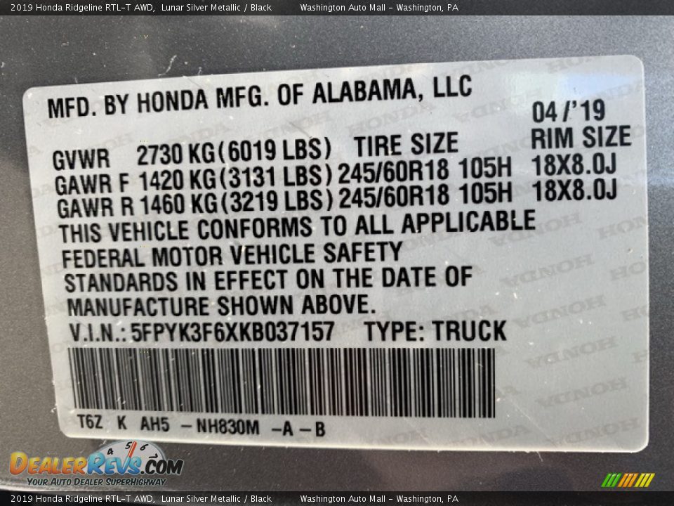 2019 Honda Ridgeline RTL-T AWD Lunar Silver Metallic / Black Photo #9
