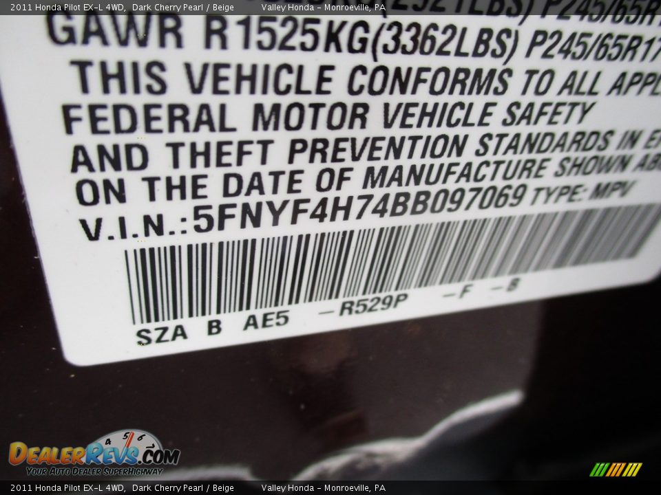 2011 Honda Pilot EX-L 4WD Dark Cherry Pearl / Beige Photo #19