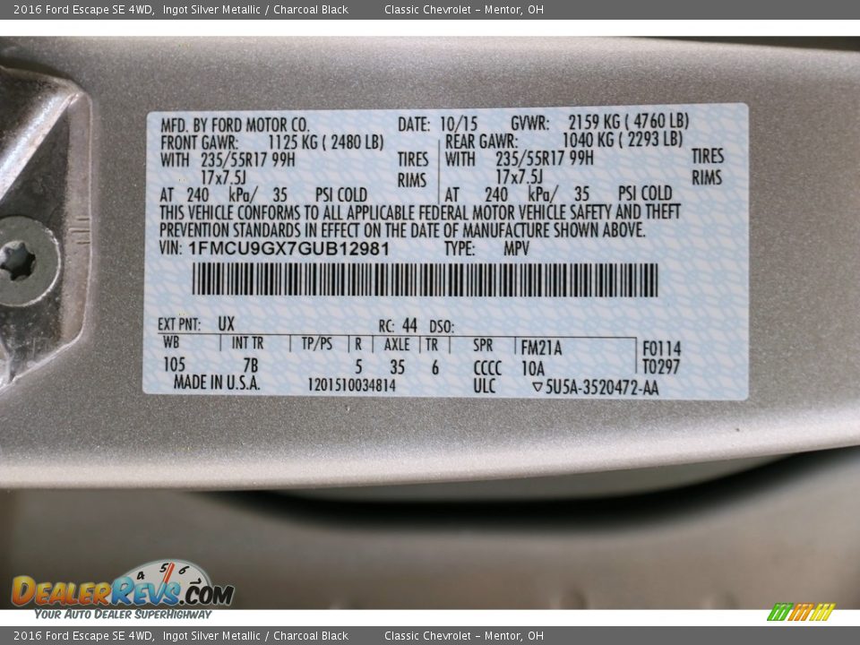 2016 Ford Escape SE 4WD Ingot Silver Metallic / Charcoal Black Photo #21