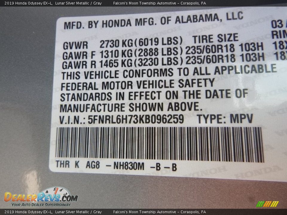 2019 Honda Odyssey EX-L Lunar Silver Metallic / Gray Photo #12