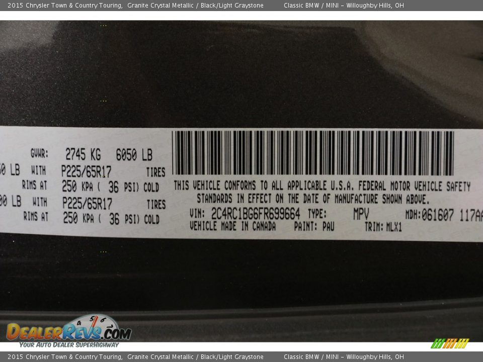 2015 Chrysler Town & Country Touring Granite Crystal Metallic / Black/Light Graystone Photo #26