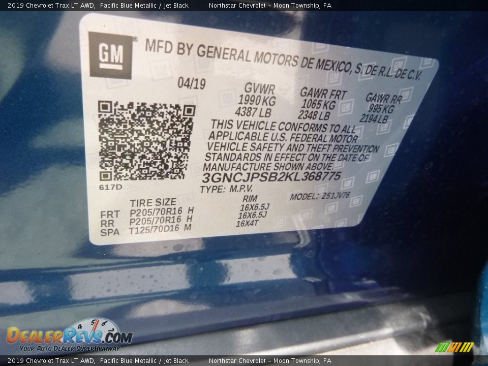 2019 Chevrolet Trax LT AWD Pacific Blue Metallic / Jet Black Photo #16