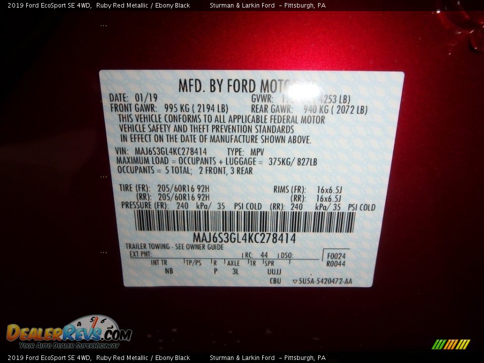 2019 Ford EcoSport SE 4WD Ruby Red Metallic / Ebony Black Photo #11