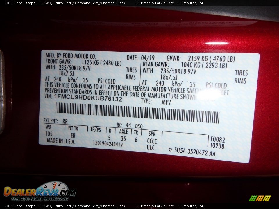 2019 Ford Escape SEL 4WD Ruby Red / Chromite Gray/Charcoal Black Photo #11