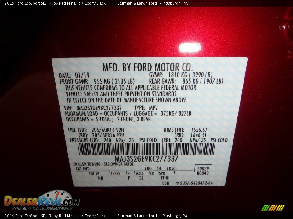 2019 Ford EcoSport SE Ruby Red Metallic / Ebony Black Photo #11