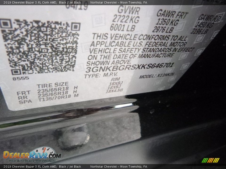 2019 Chevrolet Blazer 3.6L Cloth AWD Black / Jet Black Photo #16