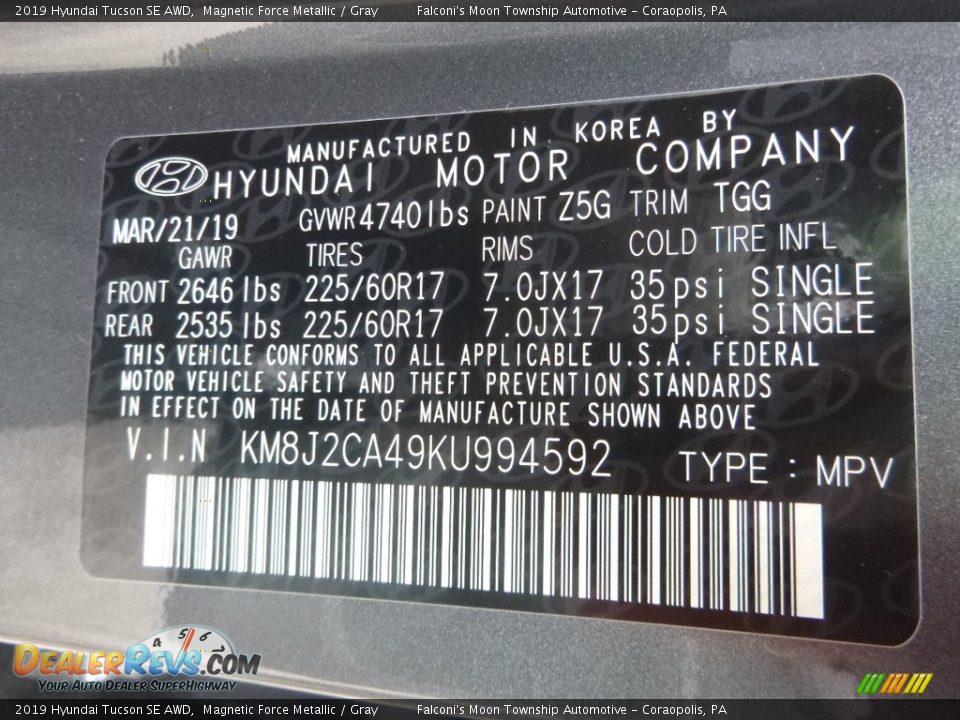 2019 Hyundai Tucson SE AWD Magnetic Force Metallic / Gray Photo #13