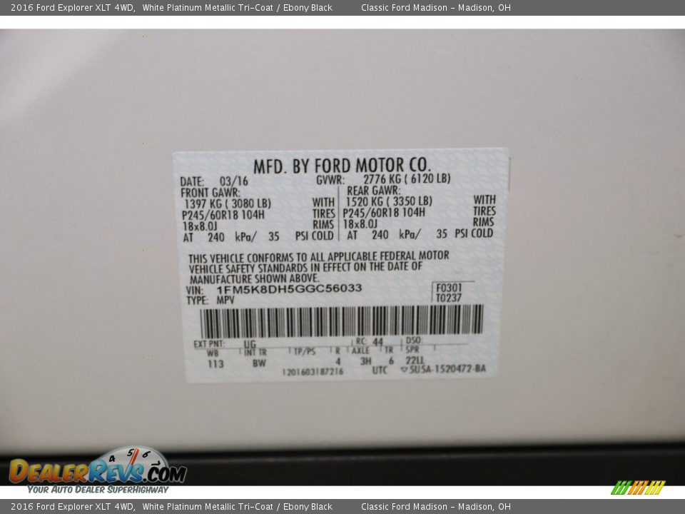 2016 Ford Explorer XLT 4WD White Platinum Metallic Tri-Coat / Ebony Black Photo #23