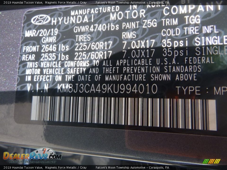2019 Hyundai Tucson Value Magnetic Force Metallic / Gray Photo #12