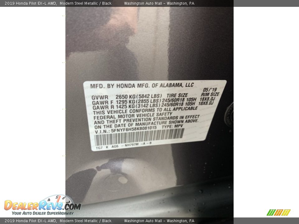2019 Honda Pilot EX-L AWD Modern Steel Metallic / Black Photo #9