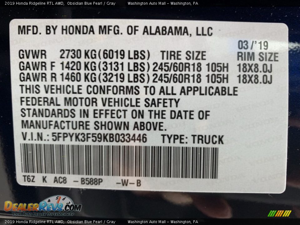 2019 Honda Ridgeline RTL AWD Obsidian Blue Pearl / Gray Photo #9