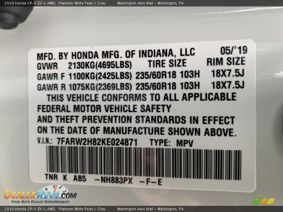 2019 Honda CR-V EX-L AWD Platinum White Pearl / Gray Photo #9