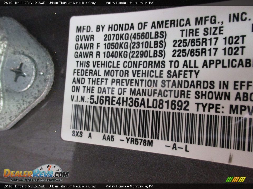 2010 Honda CR-V LX AWD Urban Titanium Metallic / Gray Photo #19