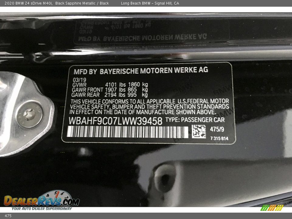 BMW Color Code 475 Black Sapphire Metallic