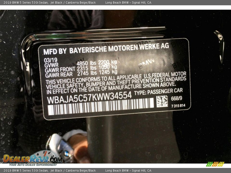 2019 BMW 5 Series 530i Sedan Jet Black / Canberra Beige/Black Photo #12