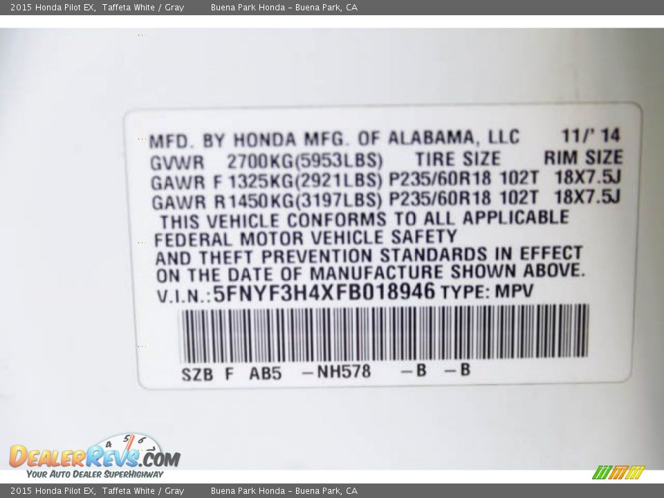 2015 Honda Pilot EX Taffeta White / Gray Photo #36