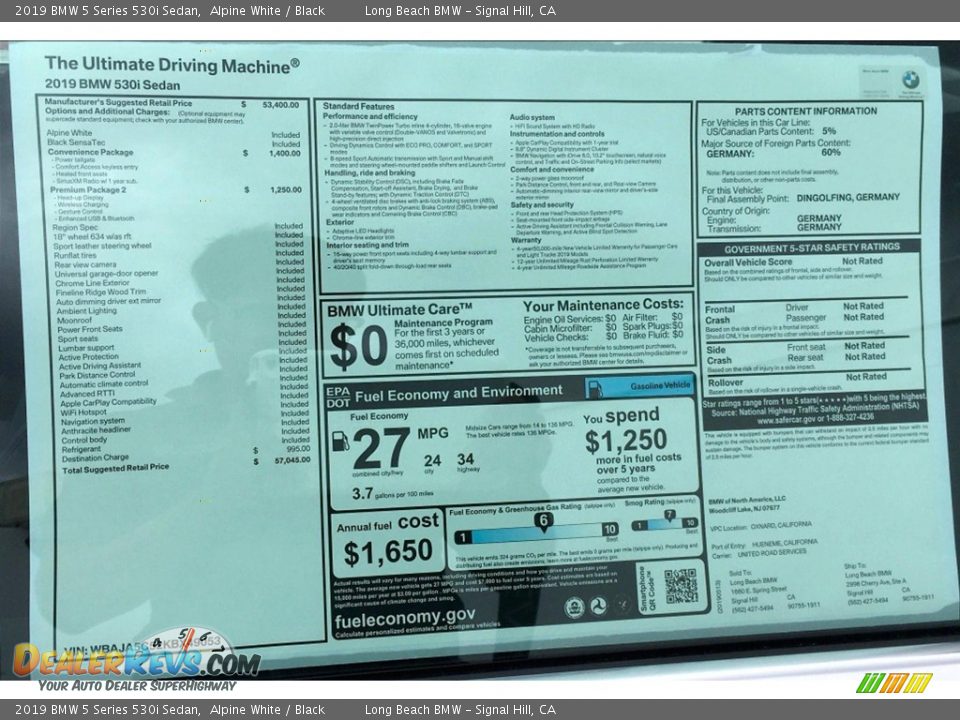 2019 BMW 5 Series 530i Sedan Alpine White / Black Photo #11