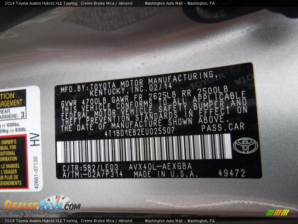 2014 Toyota Avalon Hybrid XLE Touring Creme Brulee Mica / Almond Photo #27