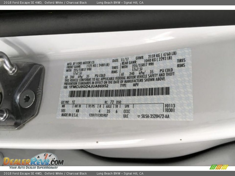 2018 Ford Escape SE 4WD Oxford White / Charcoal Black Photo #19