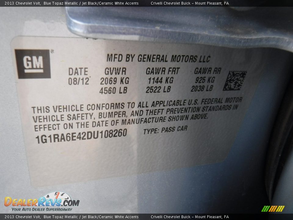 2013 Chevrolet Volt Blue Topaz Metallic / Jet Black/Ceramic White Accents Photo #34
