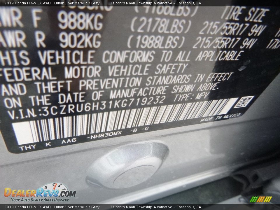 2019 Honda HR-V LX AWD Lunar Silver Metallic / Gray Photo #13