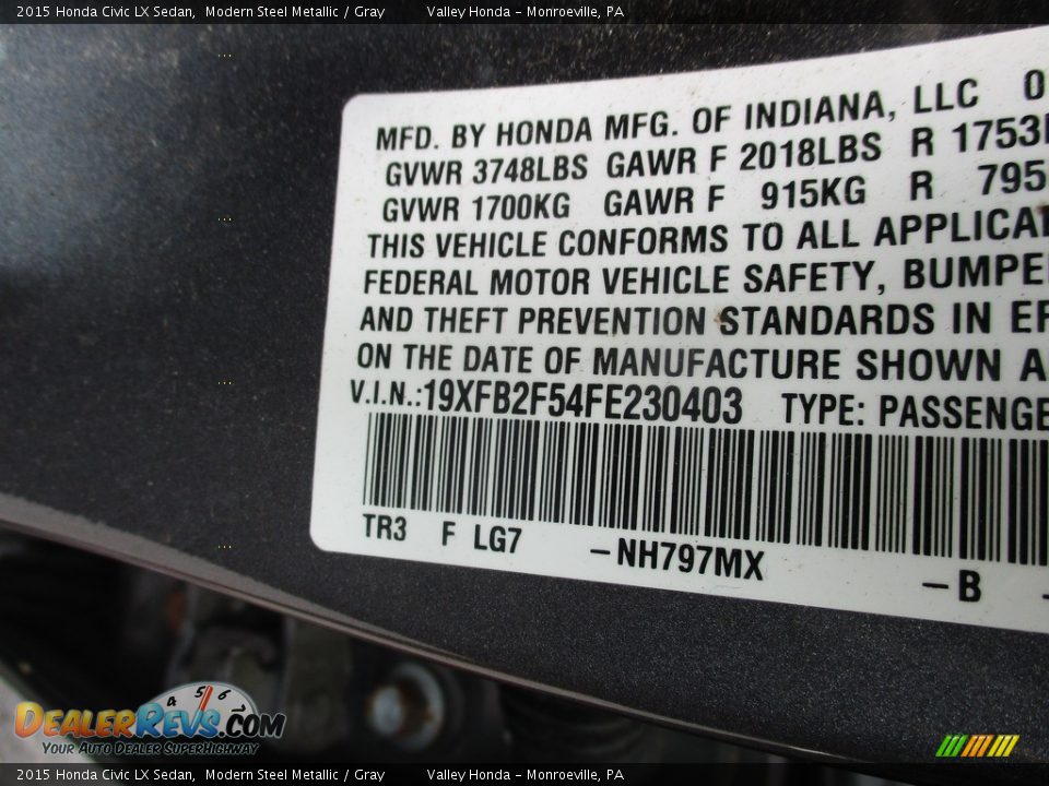 2015 Honda Civic LX Sedan Modern Steel Metallic / Gray Photo #19