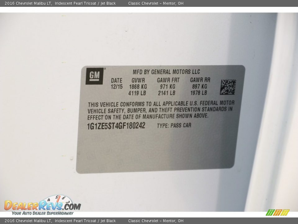 2016 Chevrolet Malibu LT Iridescent Pearl Tricoat / Jet Black Photo #20