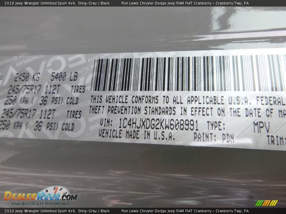 2019 Jeep Wrangler Unlimited Sport 4x4 Sting-Gray / Black Photo #14