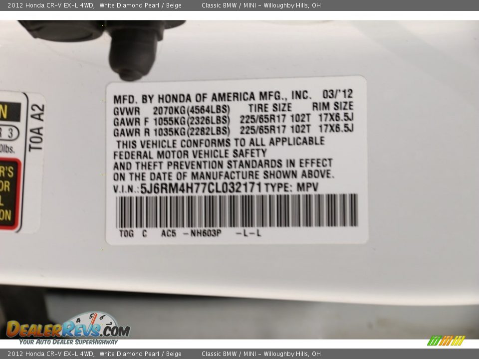 2012 Honda CR-V EX-L 4WD White Diamond Pearl / Beige Photo #25