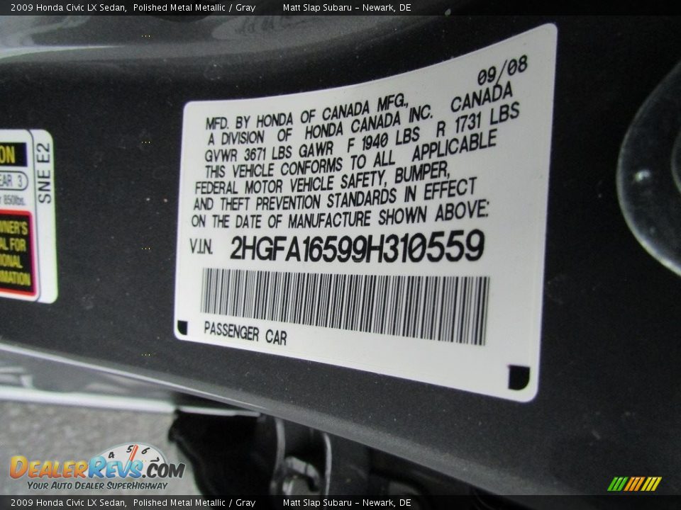 2009 Honda Civic LX Sedan Polished Metal Metallic / Gray Photo #28