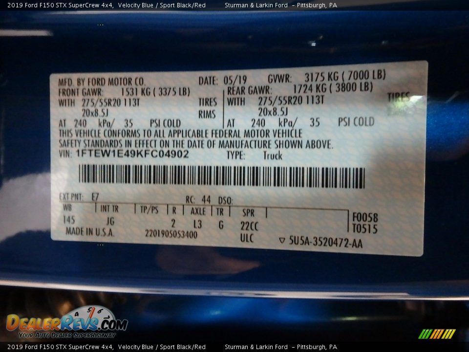 2019 Ford F150 STX SuperCrew 4x4 Velocity Blue / Sport Black/Red Photo #11