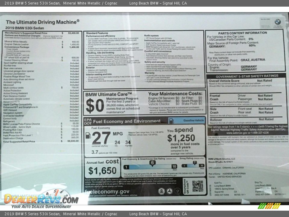 2019 BMW 5 Series 530i Sedan Mineral White Metallic / Cognac Photo #11