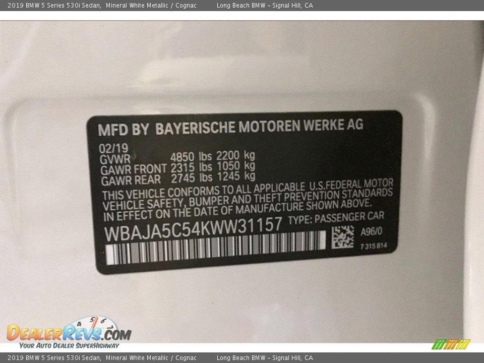 2019 BMW 5 Series 530i Sedan Mineral White Metallic / Cognac Photo #12