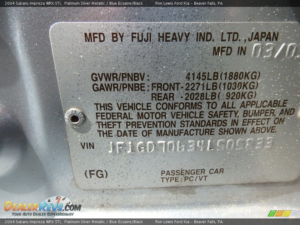 2004 Subaru Impreza WRX STi Platinum Silver Metallic / Blue Ecsaine/Black Photo #14