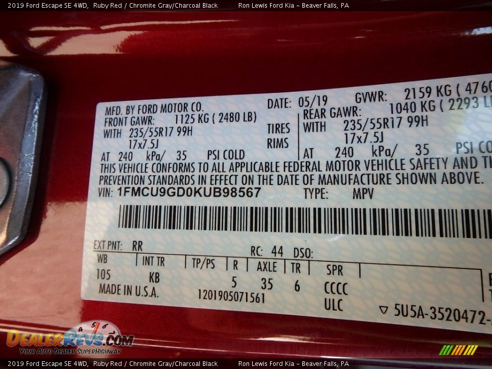 2019 Ford Escape SE 4WD Ruby Red / Chromite Gray/Charcoal Black Photo #15