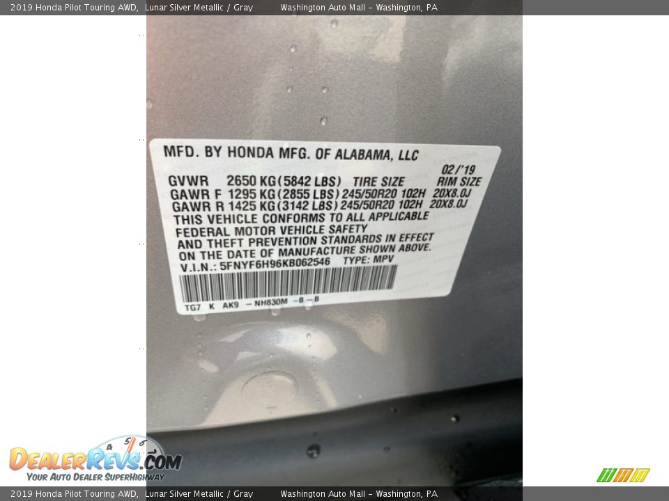 2019 Honda Pilot Touring AWD Lunar Silver Metallic / Gray Photo #9