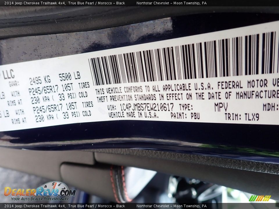 2014 Jeep Cherokee Trailhawk 4x4 True Blue Pearl / Morocco - Black Photo #14