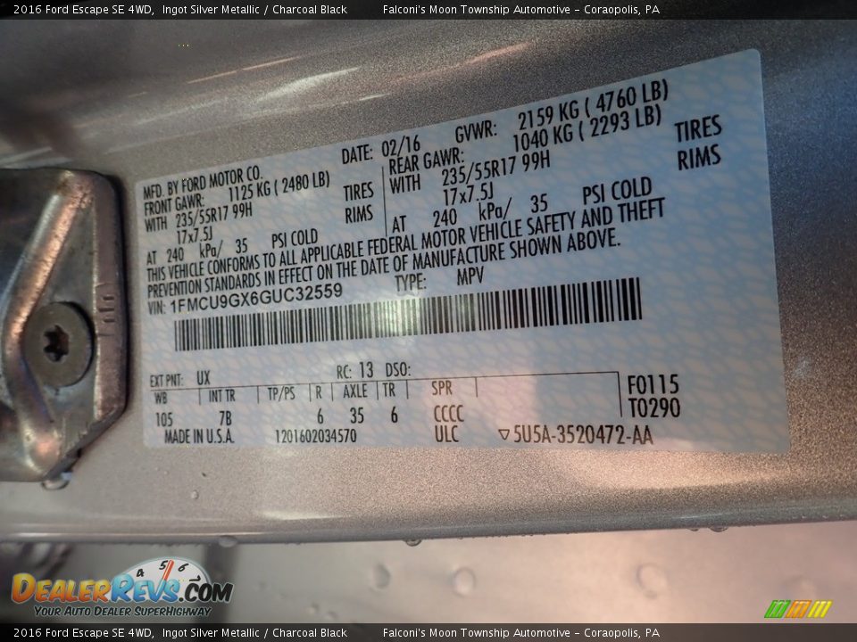 2016 Ford Escape SE 4WD Ingot Silver Metallic / Charcoal Black Photo #23