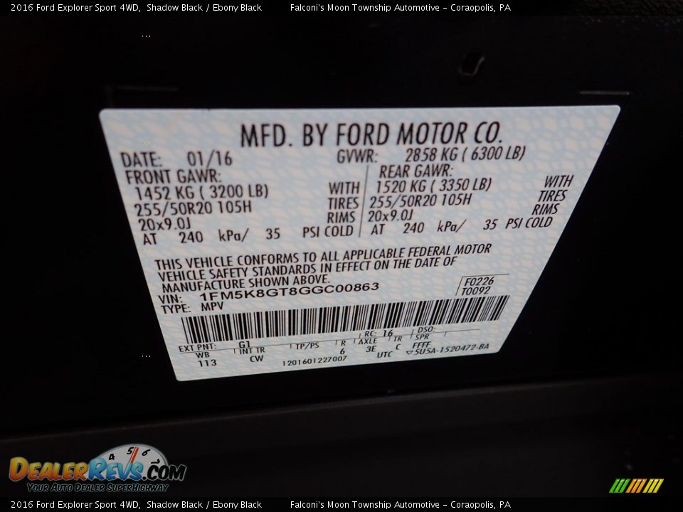 2016 Ford Explorer Sport 4WD Shadow Black / Ebony Black Photo #23