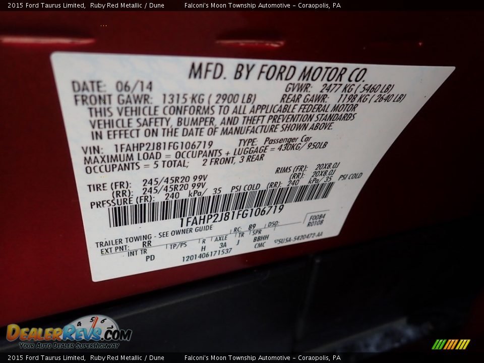 2015 Ford Taurus Limited Ruby Red Metallic / Dune Photo #23