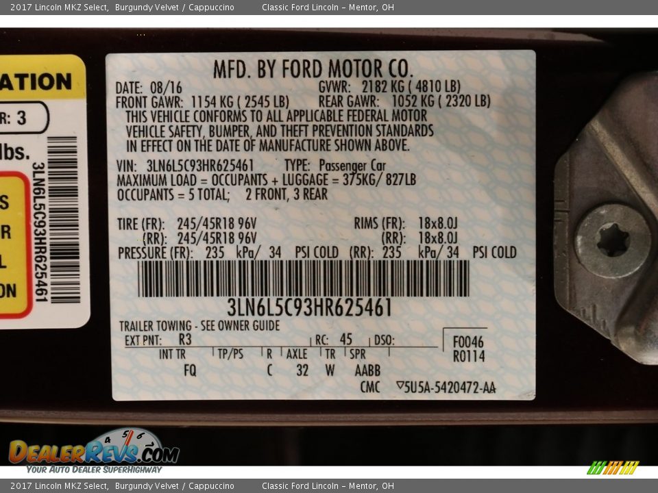 2017 Lincoln MKZ Select Burgundy Velvet / Cappuccino Photo #21