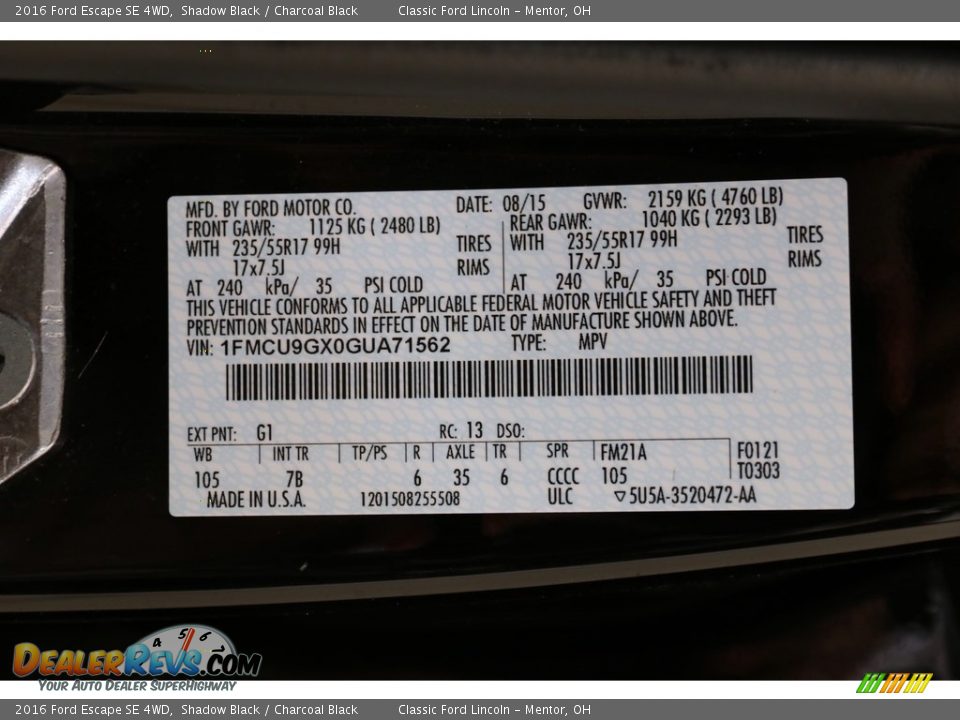 2016 Ford Escape SE 4WD Shadow Black / Charcoal Black Photo #21