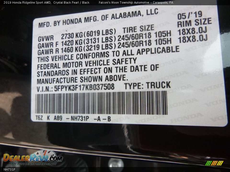 Honda Color Code NH731P Crystal Black Pearl